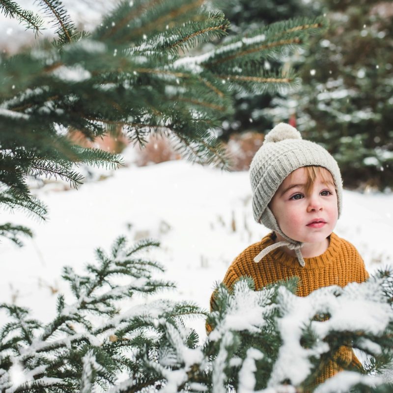 enfant en habit hiver dans la neige entre sapins enneigés
