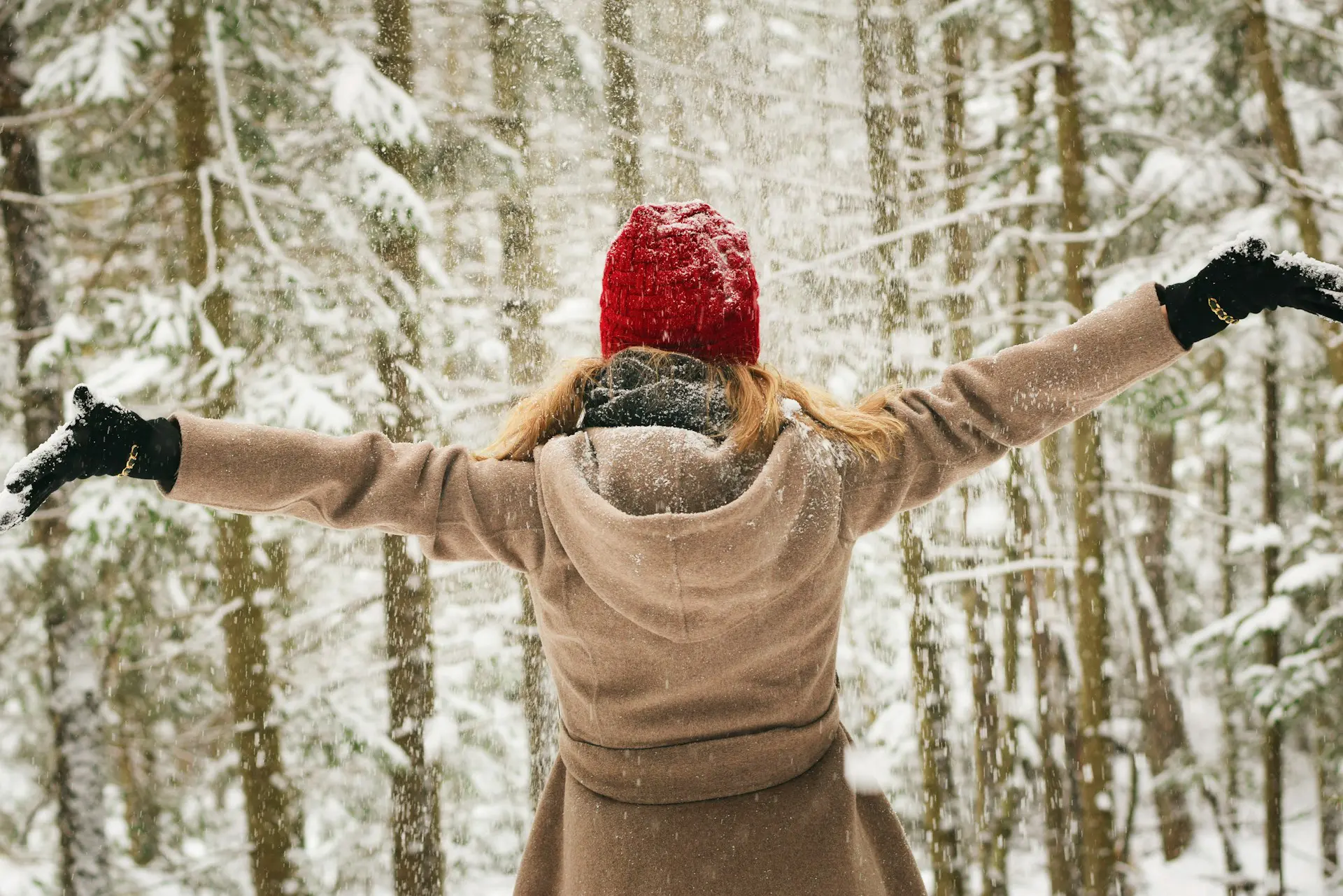 parent célébrant l'hiver dans une forêt enneigée, bras levés vers le ciel
